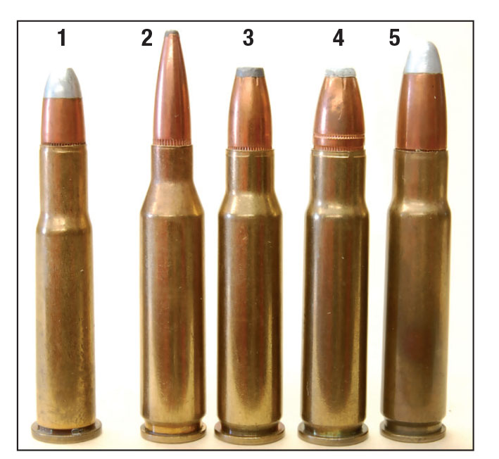 The (1) .30-30 Winchester compared to the (2) modern .260 Remington, (3) .307 Winchester, (4) .356 Winchester and (5) .358 Winchester, which are all more powerful than needed for woods ranges.